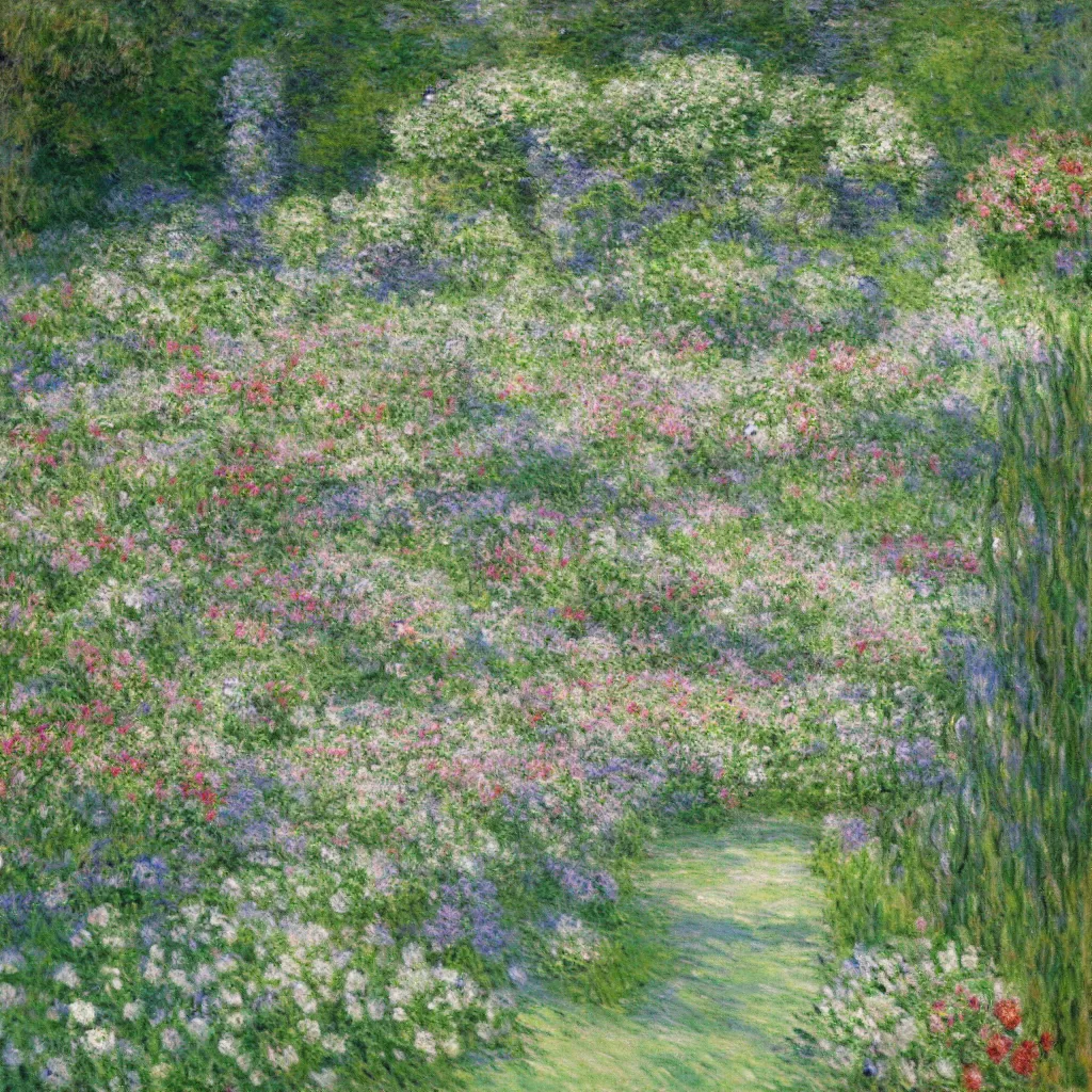 Prompt: a gorgeous garden on the edge of a cliff filled with beautiful flowers in different shades of pale green, monet