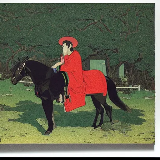 Image similar to an irishman drinking a black stout on a horse by kawase hasui