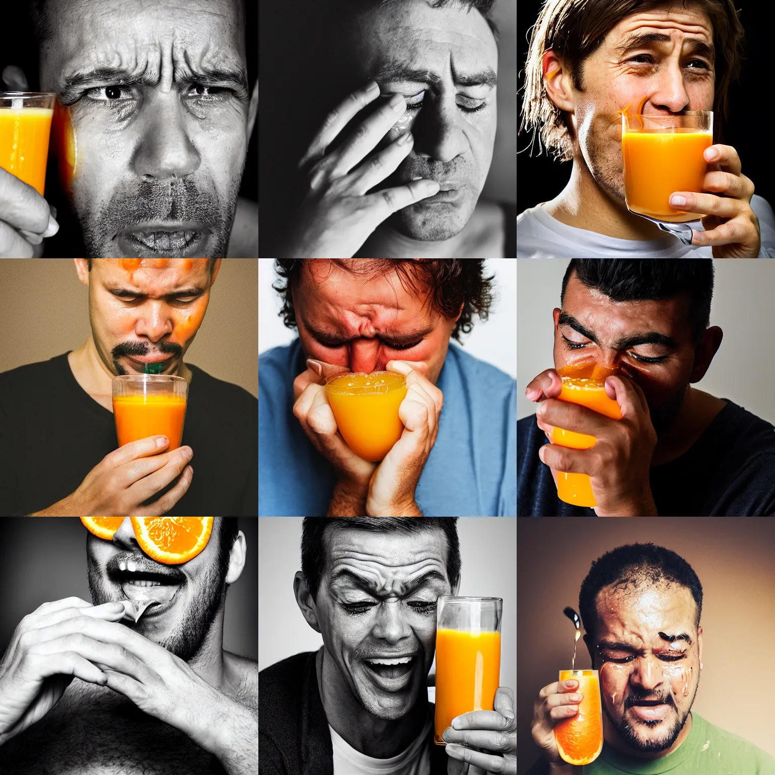 Prompt: man crying tears of orange juice, photograph portrait