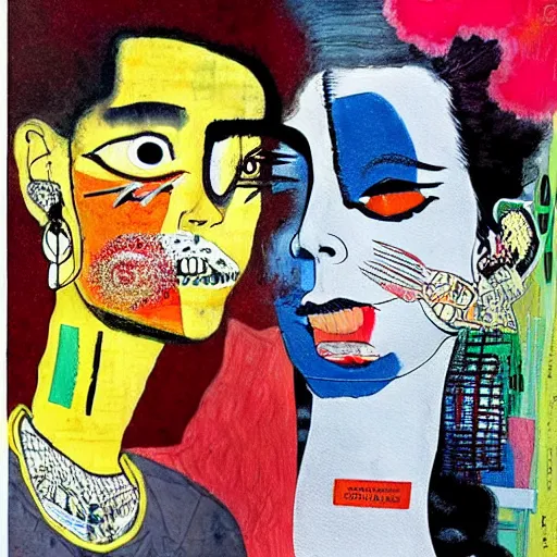 Image similar to beautiful painting of two bizarre psychedelic women kissing each other closeup in tokyo in springtime, speculative evolution, mixed media collage by basquiat and junji ito, magazine collage art, paper collage art, sapphic art, lesbian art