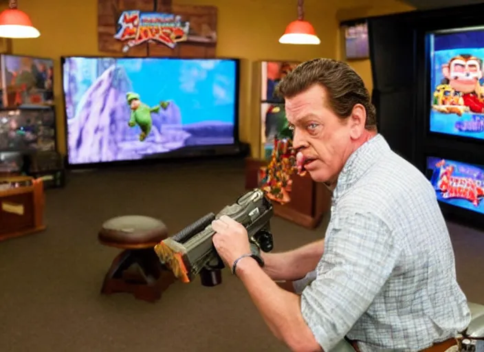 Prompt: shooter mcgavin from happy gilmore, movie still, playing donkey kong in the game room with adam sandler, 8 k, realistic