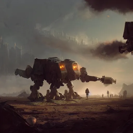 Image similar to a digital painting of crusader robots, matte painting, hyper realistic, very detailed, dramatic scene, realistic lighting, dark fantasy, 4 k, in the style of greg rutkowski,