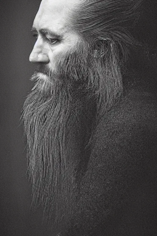 Prompt: a man's face in profile, long beard, made of exotic plumage, in the style of the Dutch masters and Gregory crewdson, dark and moody