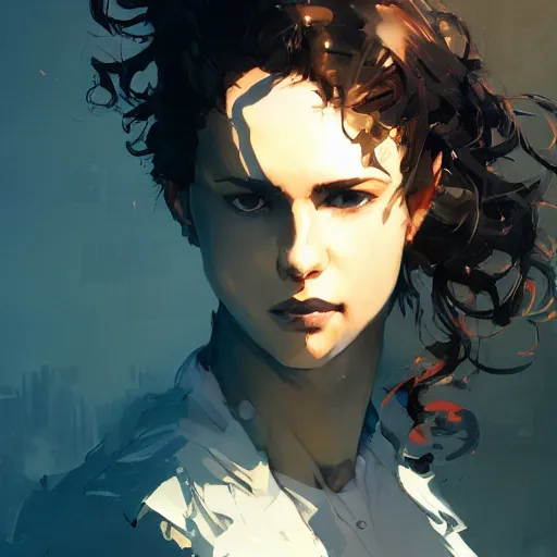 Image similar to a beautiful girl with short curly brown hair in a ponytail, a pointy chin, a sly smile, dramatic lighting, illustration by Greg rutkowski, yoji shinkawa, 4k, digital art, concept art, trending on artstation