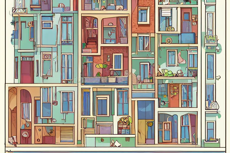 Image similar to a beautiful flat 2 dimensional illustration of a cross section of a house, view from the side, a storybook illustration by muti, colorful, minimalism, featured on dribble, behance hd, dynamic composition