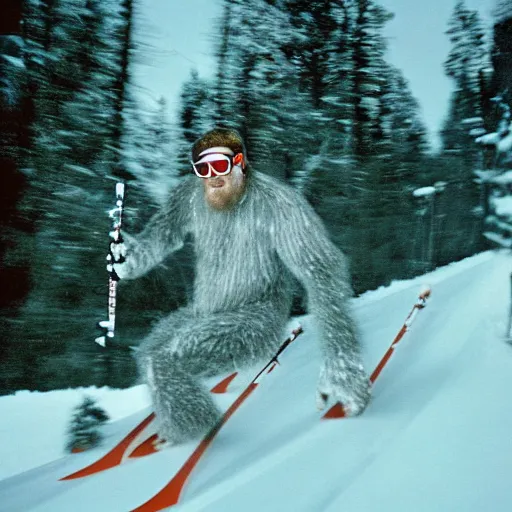 Image similar to Action photograph of Bigfoot skiing in rad 1990s gear, motion blur, Flash photography