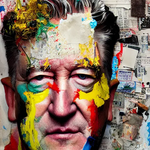 Image similar to hyperrealistic, photorealistic, mixed media oil painting of david lynch, magazine scraps, plaster, blood, oil, mustard, splatter, greg rutkowski, basquiat, ralph steadman, wesley kimler, terry gilliam