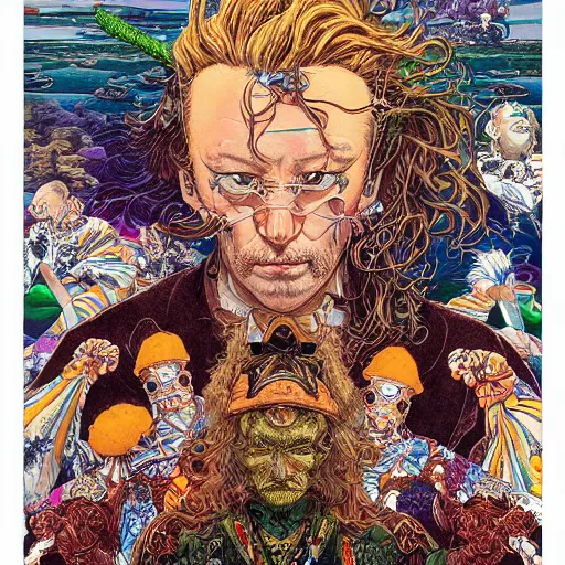 Prompt: portrait of crazy hippy man, symmetrical, by yoichi hatakenaka, masamune shirow, josan gonzales and dan mumford, ayami kojima, takato yamamoto, barclay shaw, karol bak, yukito kishiro