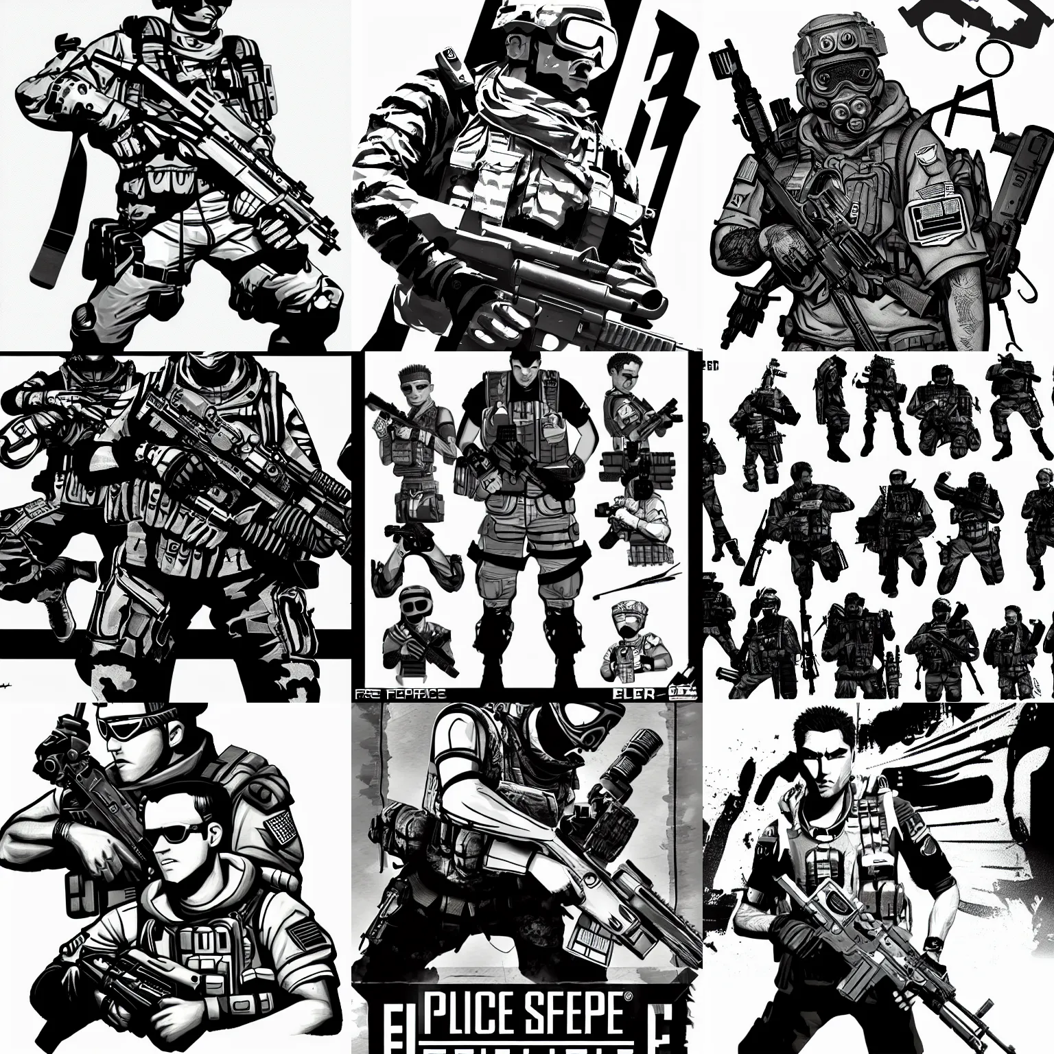 Prompt: forces Spec ops Elite art in the style of mattplog Matthew plog Black and white Illustation