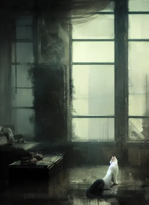 Image similar to a dramatic portrait of a cat inside a modern apartment, intricate concept art, ethereal, ominous, dramatic lighting, by jeremy mann and ruan jia