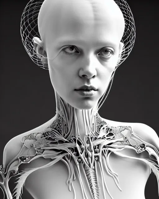 Image similar to dreamy soft luminous bw 3 d octane render, beautiful spiritual angelic biomechanical albino girl cyborg with a porcelain profile face, very long neck, rim light, big leaves and stems, roots, fine foliage lace, alexander mcqueen, art nouveau fashion embroidered collar, steampunk, silver filigree details, hexagonal mesh wire, mandelbrot fractal, elegant