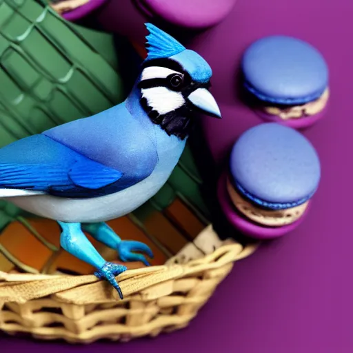 Image similar to A photograph of a (photorealistic blue jay) standing on a large basket of rainbow macarons.