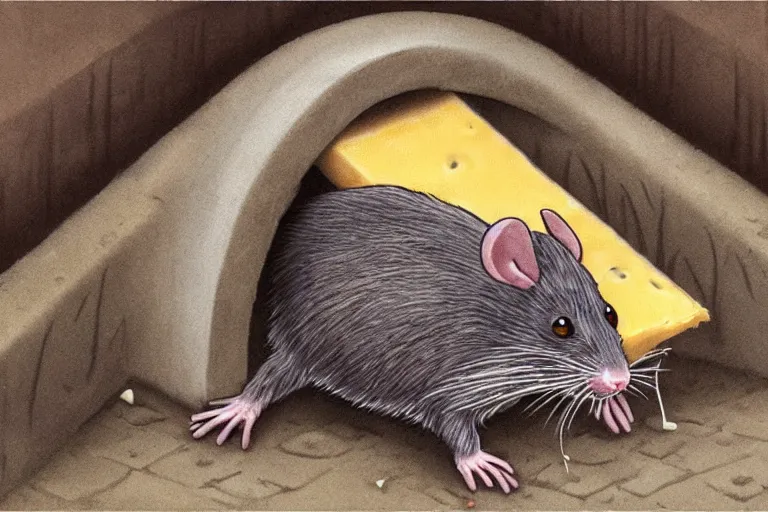 Image similar to a giant creepy rat eating cheese in a sewer, photo - realistic, hyper realism,
