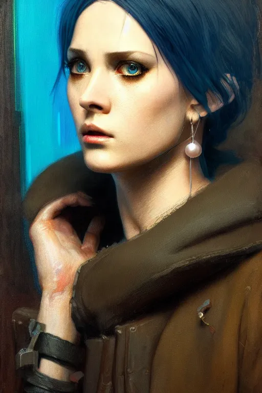 Image similar to character portrait cyberpunk blade runner 2 0 4 9 ( ( ( ( ( ( ( ( totally definitely not negative no not girl with the pearl earring inspired, well maybe a little ) ) ) ) ) ) ), character design, painting by gaston bussiere, katsuya terada, frank frazetta, tom of finland, trending on artstation