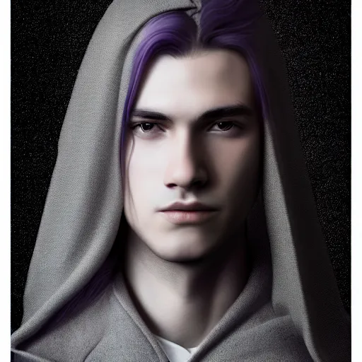 Image similar to a highly detailed Portrait of a young man with light gray long hair, purple eyes, in a black cloak, artstation, DeviantArt, professional, octane render