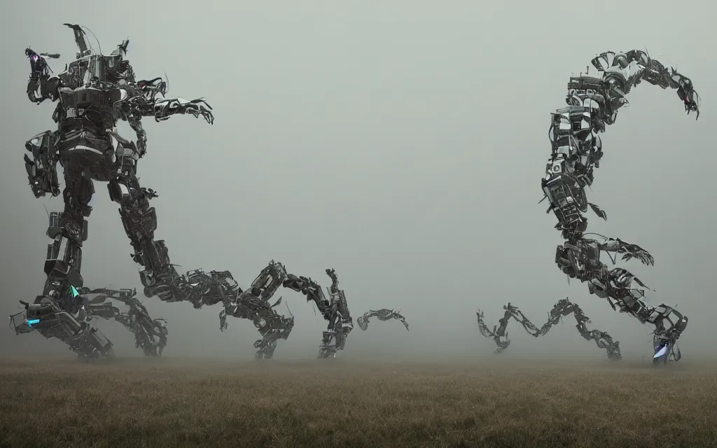 Image similar to giant robot centipede wandering across a foggy landscape