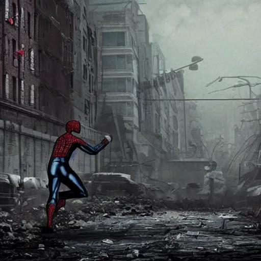 Image similar to dramatic scenes of wounded spiderman, post apocalyptic, sad ambience