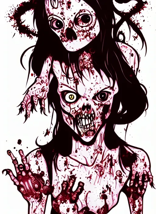 Image similar to zombie girl by matthieu cousin and wendy pini, pen and ink illustration, fine inking lines, flat colors, character design, concept art