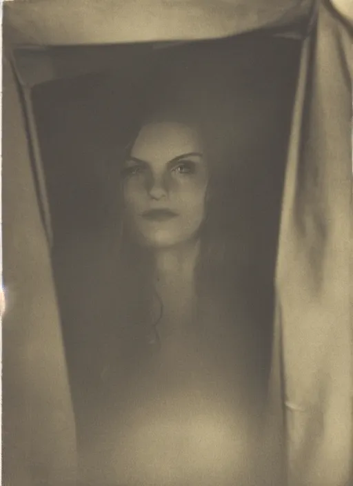 Image similar to a woman peeking out from under a blanket fort in the afternoon, flash polaroid photo by george hurrell, hazy light rays, golden hour