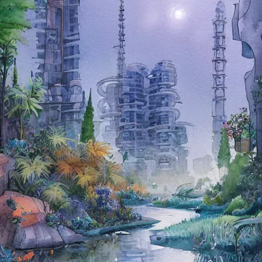 Image similar to Beautiful happy picturesque charming sci-fi city in harmony with nature. Beautiful light. Water and plants. Nice colour scheme, soft warm colour. Beautiful detailed watercolor by Lurid. (2022)