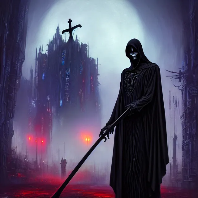 Image similar to Beautiful portrait 3d render of the gothic grim reaper with a scythe, centered face, portrait, atmospheric lighting, painted, intricate, volumetric lighting, beautiful, rich deep colors masterpiece, sharp focus, ultra detailed, in the style of Dan Mumford and marc simonetti, with a crowded futuristic cyberpunk city in the background, astrophotography