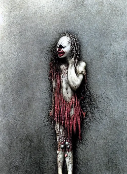 Prompt: clown girl by Beksinski and Arthur Rackham