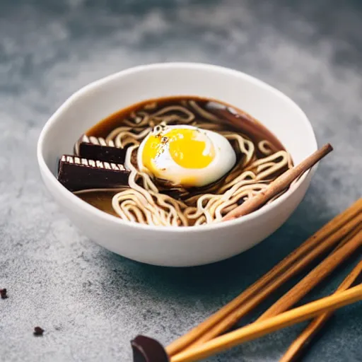 Image similar to chocolate bars in a bowl of ramen, professional food photography, gastronomy magazine