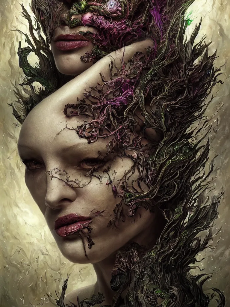 Image similar to single face portrait. complex hyper-maximalist overdetailed cinematic cosmic scifi portrait of an elegant very attractive but wild and dangerous reptilian goddess by andrei riabovitchev, tomasz alen kopera, oleksandra shchaslyva. Omnious intricate. Secessionist portrait illustration. Poison goddes. Slightly Reminds to poison ivy. Focus on face. Artstation. Deviantart. 8k 4k 64megapixel. Rendered by binx.ly.