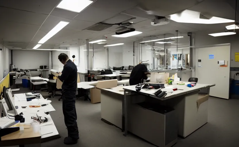 Image similar to dark control room, lonely man faces away working at desk eating old sandwich, sandwich, leaking oil, drip, sweat, tannoy, strange