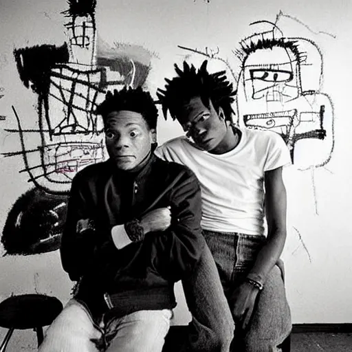 Image similar to of a photo of jean - michel basquiat and kurt cobain in basquiat ’ s studio, photorealistic,