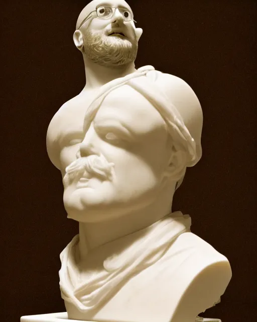 Image similar to a high quality photograph vsauce michael stevens as a roman marble bust. cinematic lighting.