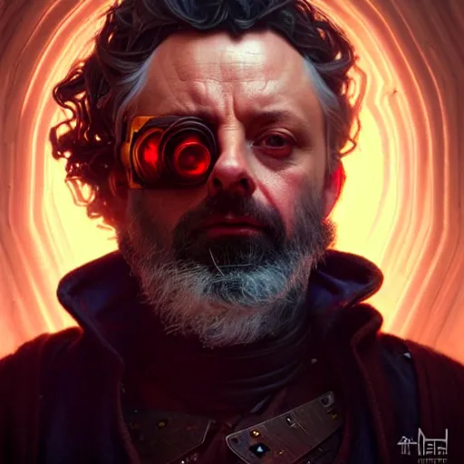 Image similar to portrait painting of a cyberpunk dwarf mage michael sheen, ultra realistic, concept art, intricate details, eerie, highly detailed, photorealistic, octane render, 8 k, unreal engine. art by artgerm and greg rutkowski and charlie bowater and magali villeneuve and alphonse mucha