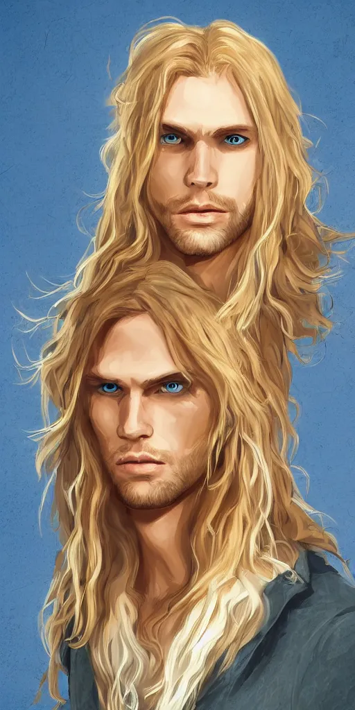 Image similar to portrait of a handsome gorgeous male satanic blonde haired hippie with long hair and blue eyes as the human prince of satan and lucifer, artstation