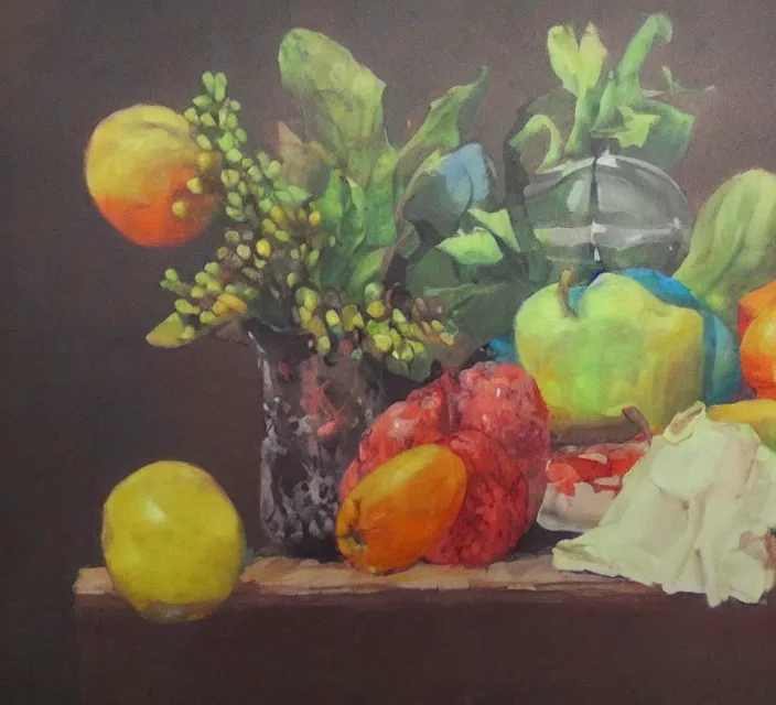 Image similar to a beautiful still life painting by a third-year art student; extraordinary masterpiece!!!!!