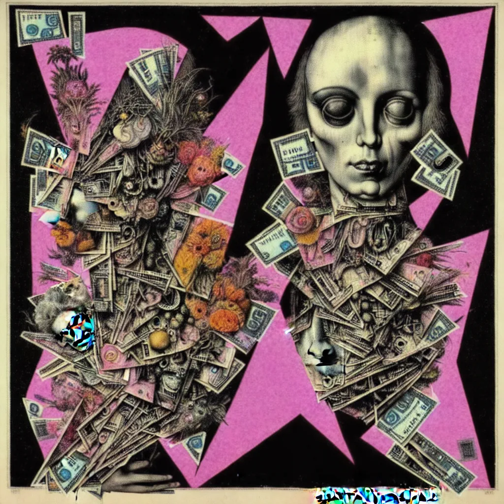 Image similar to post - punk new age album cover, asymmetrical design, dollar bank notes, capitalism, magic, apocalypse, psychedelic, black white pink, magic, giger h. r., giuseppe arcimboldo