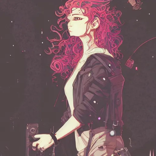 Prompt: portrait of a grungy cyberpunk anime in magic pose, very cute, by super ss, cyberpunk fashion, curly pink hair, night sky by wlop, james jean, victo ngai, muted colors, highly detailed