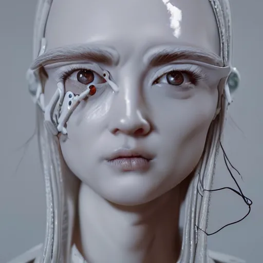 Image similar to full head and shoulders, beautiful female porcelain sculpture with lots of white 3 d cyborg elements, white prosthetics, 3 d goggles, smooth, all white features on a white background, delicate facial features, white eyes, white lashes, detailed white liquid, anatomical by daniel arsham and james jean