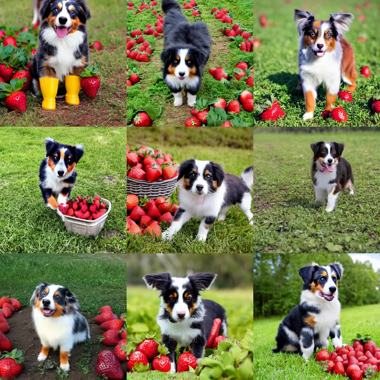 Prompt: a mini australian shepard wearing rubber boots on its paws while picking strawberries
