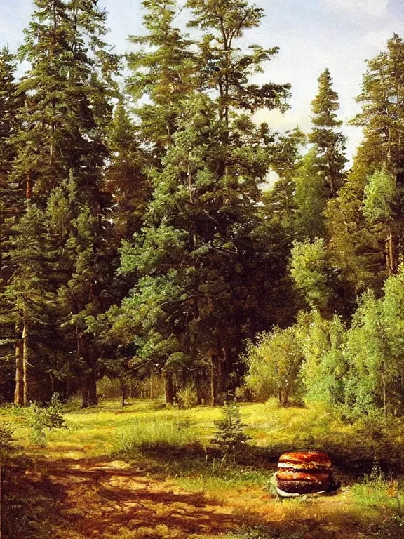 Image similar to Ivan Shishkin painting of a beautiful burger at forest, beautiful lighting, sunny, summer, painting Ivan Shishkin