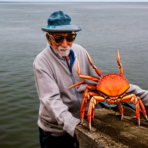 Prompt: elderly man + crab hybrid, canon eos r 3, f / 1. 4, iso 2 0 0, 1 / 1 6 0 s, 8 k, raw, unedited, symmetrical balance, wide angle