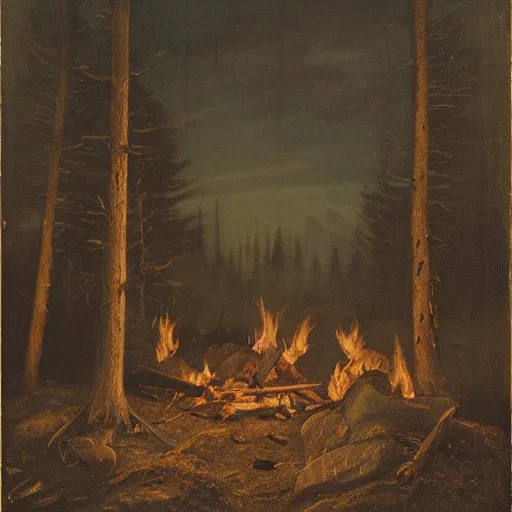 Prompt: hunter alone in the wilderness, embers of a campfire at midnight, dark boreal forest, 19th century