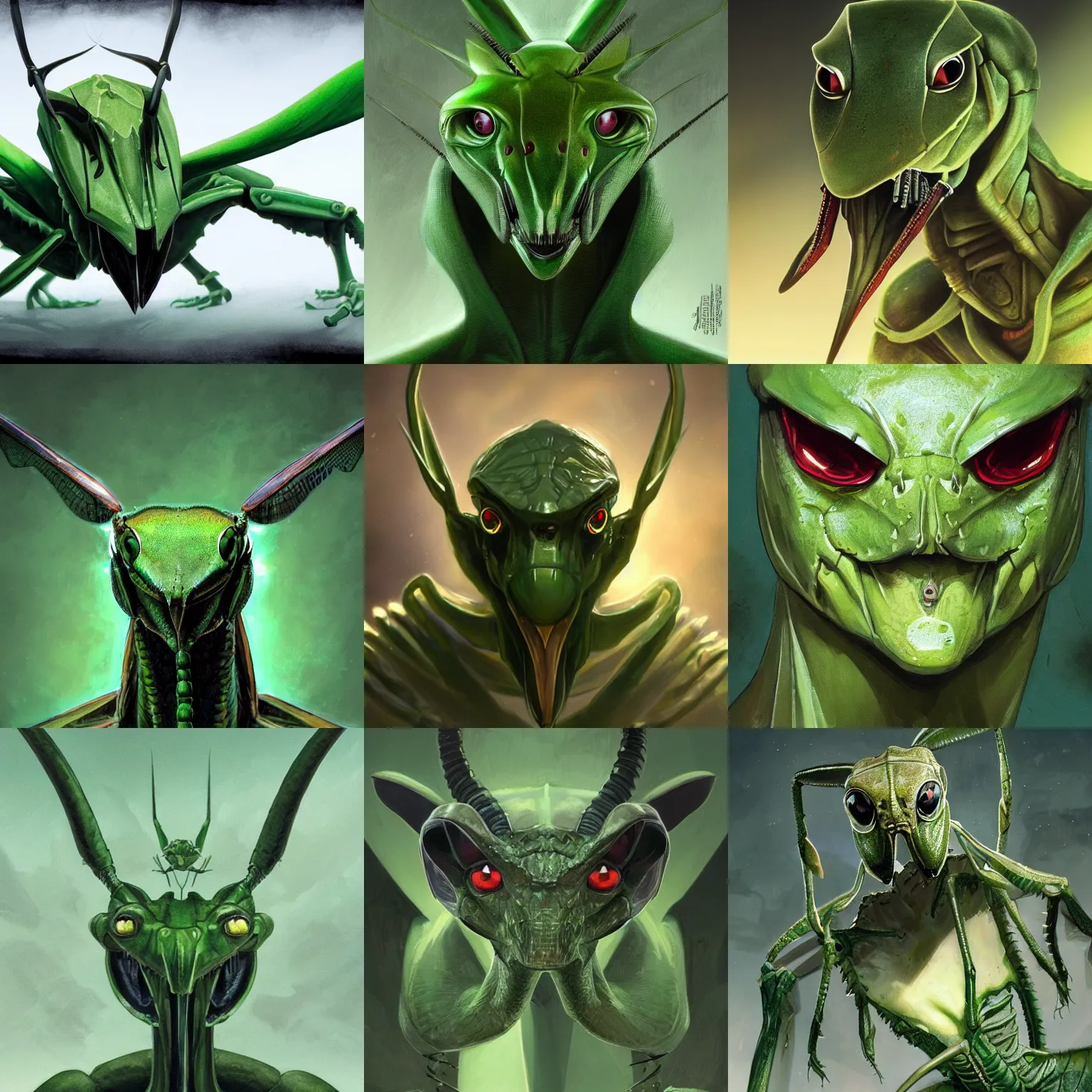 Prompt: mid - shot portrait of green anthropomorphic mantis religiosa ; hard predatory look ; d & d rogue ; powerful front mandibles ; flat triangle - shaped head with antennae ; concept art ; artstation ; 8 k ; wallpapers ; heavy contrast ; cinematic art ; cgsociety ; art by greg rutkowski and artgerm