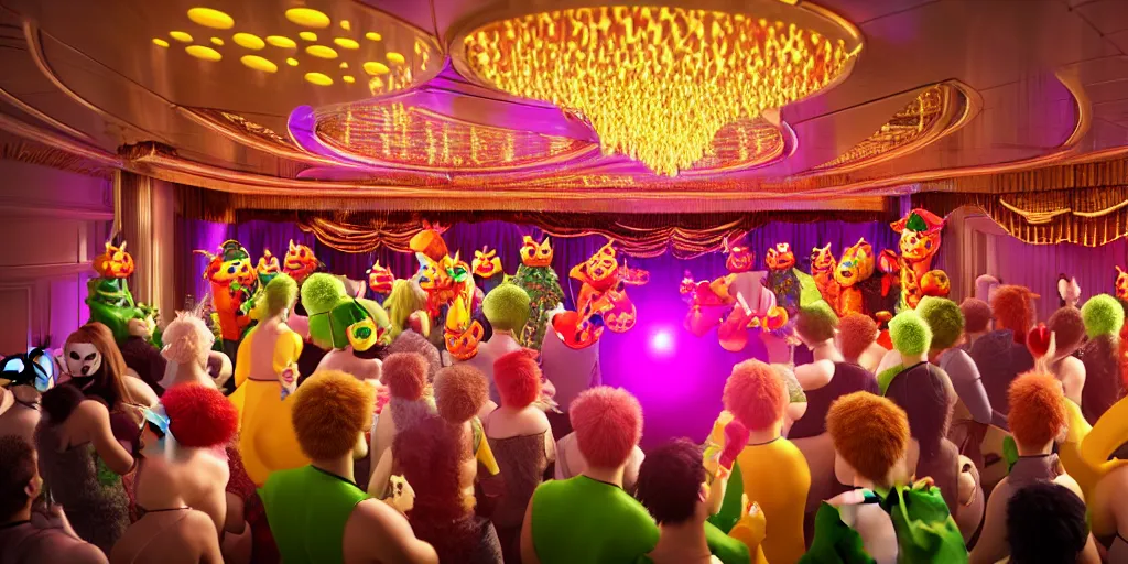 Image similar to 8 k uhd cinema 4 d, octane render of multiple cats dressed as vegetables with vegetables as masks, vegetables dressed as cats with fluffy tails, line dancing at a party, in the ballroom of a luxury cruise liner, beautiful chandeliers from the ceiling, ultra realistic, group photography, 1 0 5 mm lens, multi coloured volumetric lighting