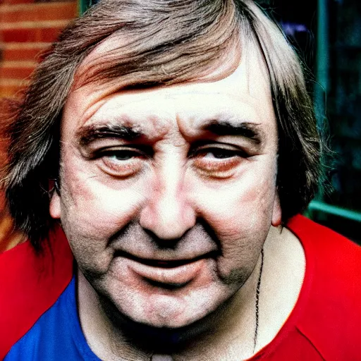 Prompt: 1970s colour polaroid of jimmy tarbuck as spider man without a mask on a british council estate