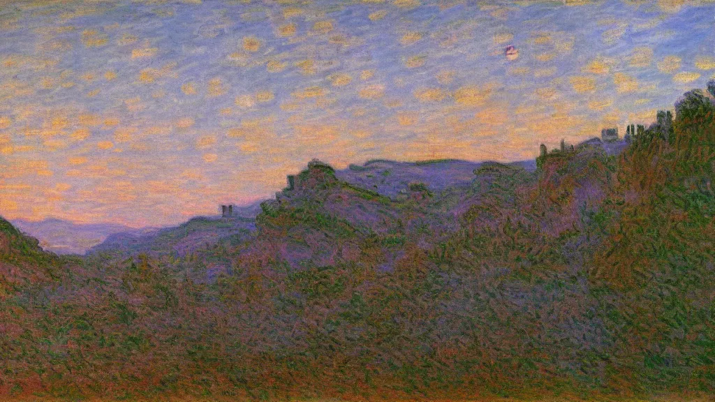 Prompt: High-Quality realist painting of an orthodox monastery in a valley at dawn by Claude Monet, peaceful, very detailed, digital art.