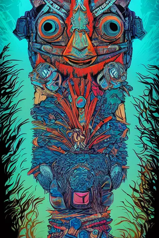 Image similar to totem animal tribal chaman vodoo mask feather gemstone plant wood rock video game illustration vivid color borderlands by josan gonzales and dan mumford radiating a glowing aura