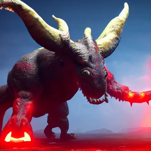 Prompt: cinematography picture of the big monster with horns and big red eye, cyclope, fluffy skin, red soft lights, 8k, unreal engine 5, cel-shading, photography, highly detailed