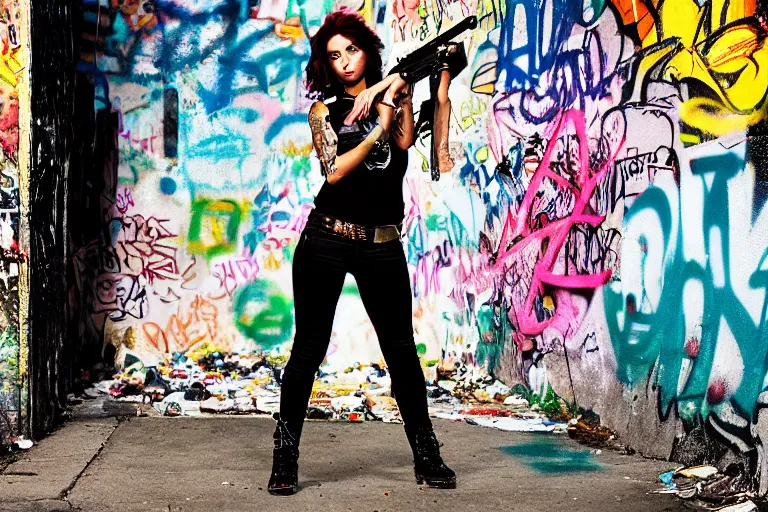 Prompt: young punk woman with two guns in a dark alley, mid - day, golden hour, graffiti covered walls, rubbish strewn on the ground, ghetto, times magazine photography,