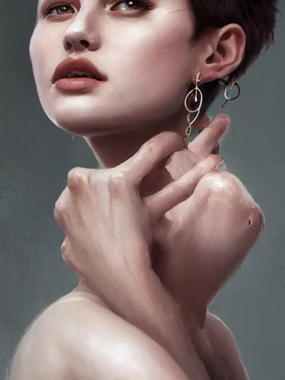 Image similar to beautiful russian girl with short dark hair and septum piercing, thin round earrings, winds of winter, au naturel, hyper detailed, digital art, trending in artstation, cinematic lighting, studio quality, smooth render, octane rendered, concept art, sharp focus, illustration, art by artgerm and greg rutkowski and wlop and krenz cushart