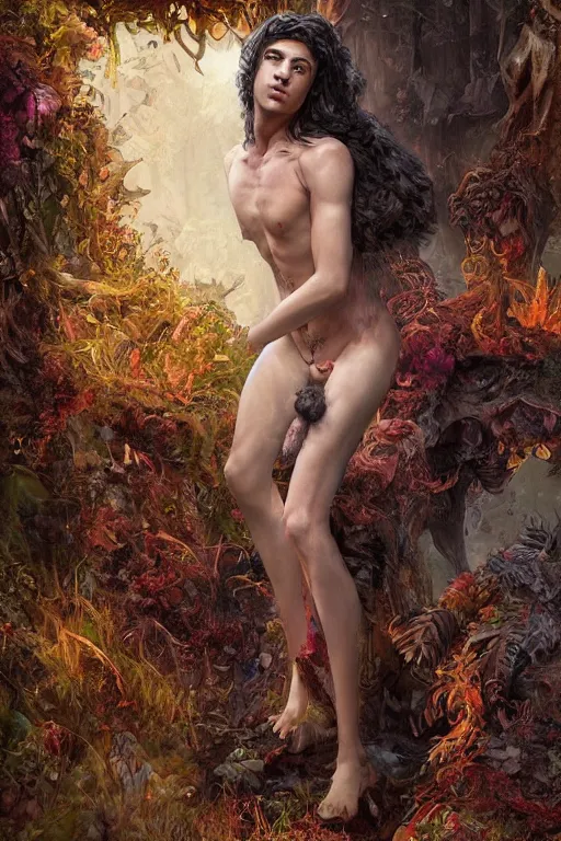 Prompt: aramis knight as a satyr full body portrait, seductive, sexy, leaves, intricate, digital painting, old english, whimsical background by marc simonetti, artwork by liam wong